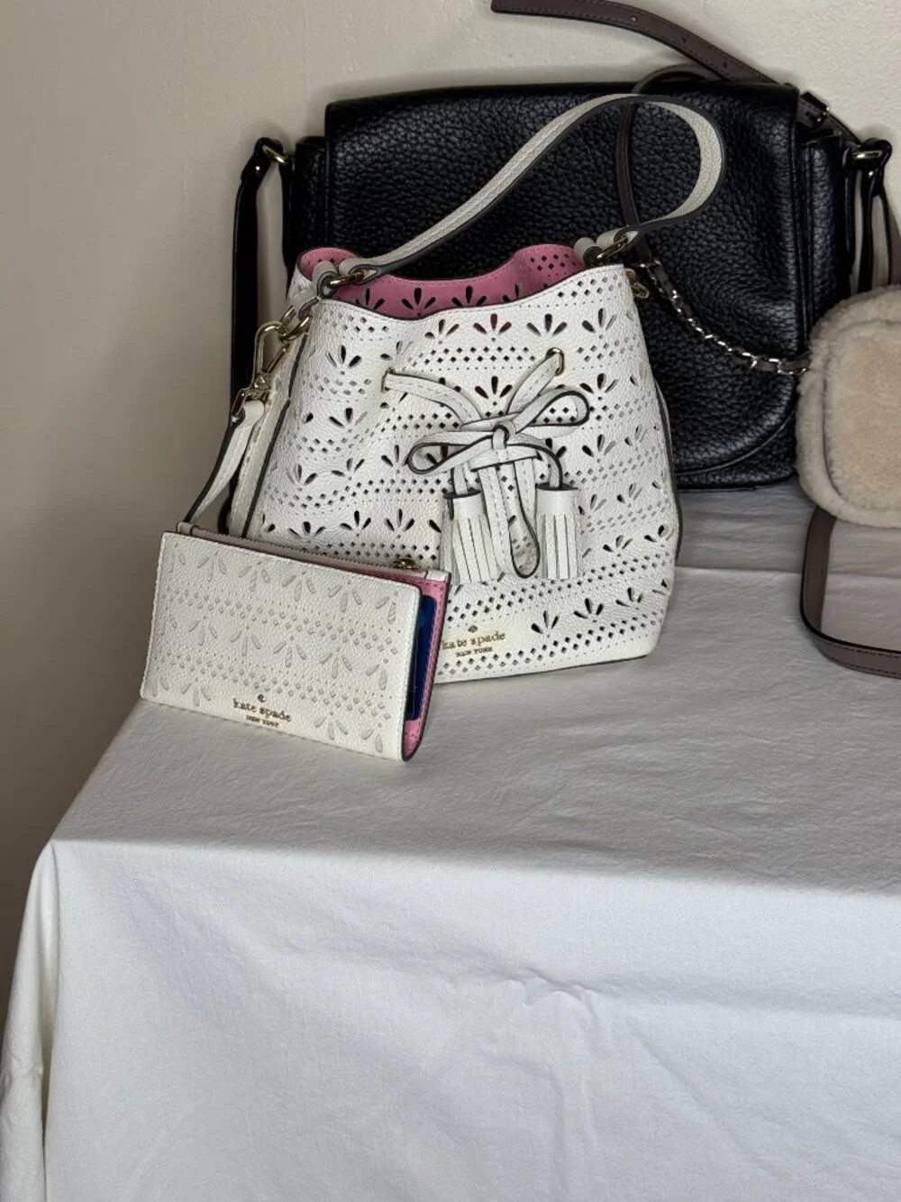 Kate Spade New York White Perforated Eyelet Bucket Bag + Matching Wallet Set